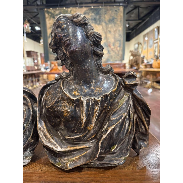 Mid 18th Century Pair of 18th Century French Carved Polychrome Male & Female Bust Wall Sculptures For Sale - Image 5 of 13