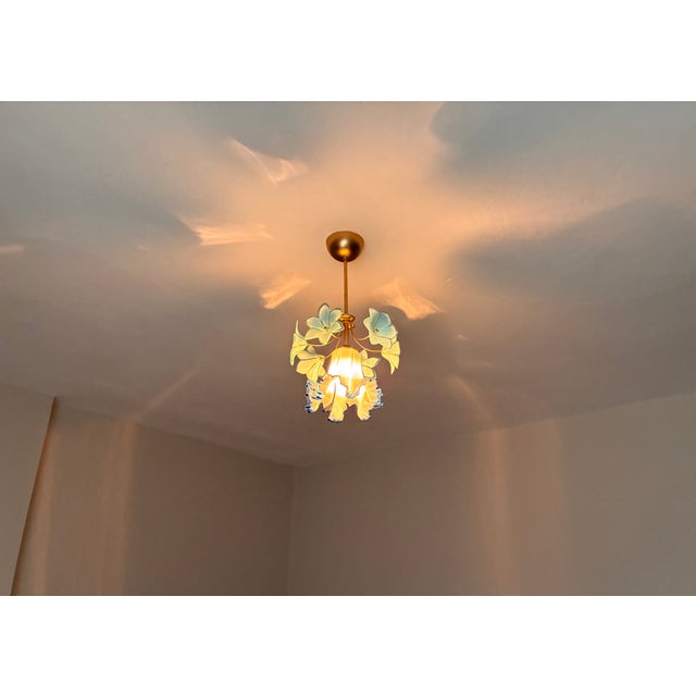 Vintage Custom Hand-Painted Italian Murano Style Light Blue Floral Pendant - Restored For Sale - Image 14 of 17