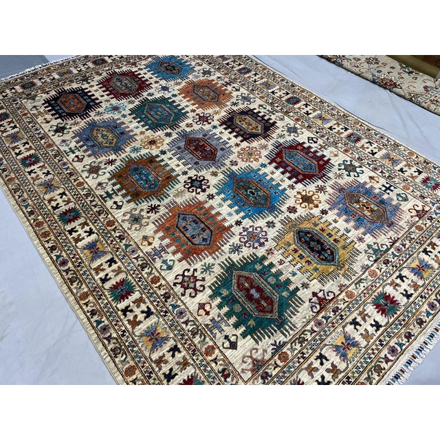 Ivory & Blue Sultani Natural Dye Wool Rug, Tribal Geometric Medallion Design, 6′10″ × 9′10″ For Sale - Image 6 of 14