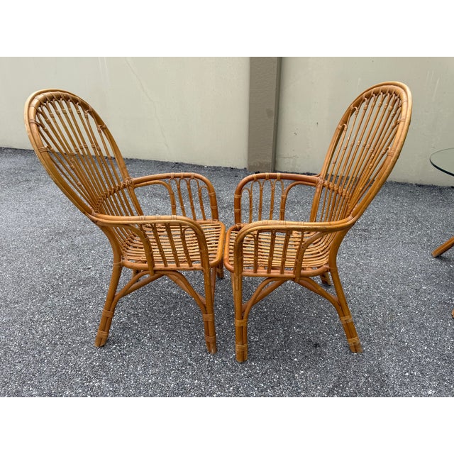 Franco Albini 1980s Coastal Island Style Rattan/Bamboo Glass Top Dining or Game Table & 4 Chairs a Set For Sale - Image 4 of 11