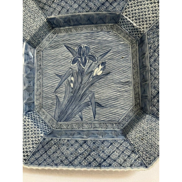 Antique Japanese Blue and White Octagonal Plate With Iris Motif For Sale - Image 13 of 14