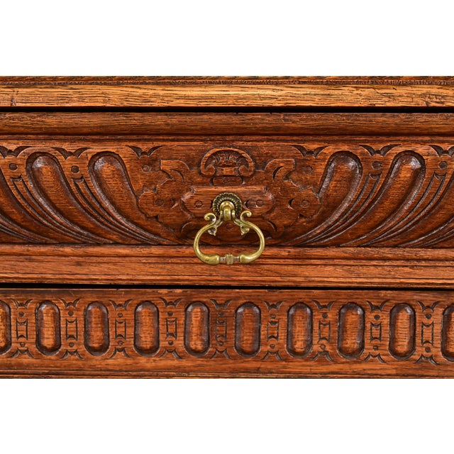 Antique French Renaissance Revival Carved Oak Breakfront Bookcase or Bar Cabinet With Stained Leaded Glass Doors, Circa 1890s For Sale - Image 9 of 14