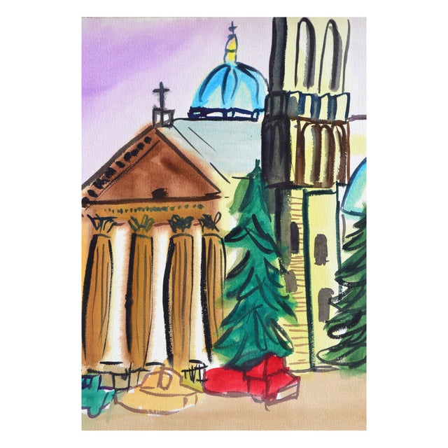 A bold and colorful city skyline by artist Diane Baldwin (American, 20th century). Signed "Baldwin" lower right. Unframed....