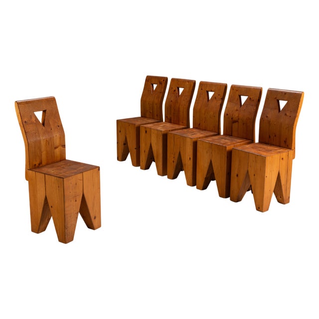 Vintage Brutalist Pinewood Chairs, 1970s, Set of 6 For Sale