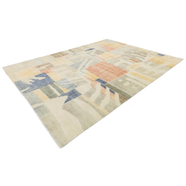 Modernist Cubist Style Handcrafted Wool Area Rug Soft Terracotta, Ochre & Indigo For Sale - Image 12 of 12