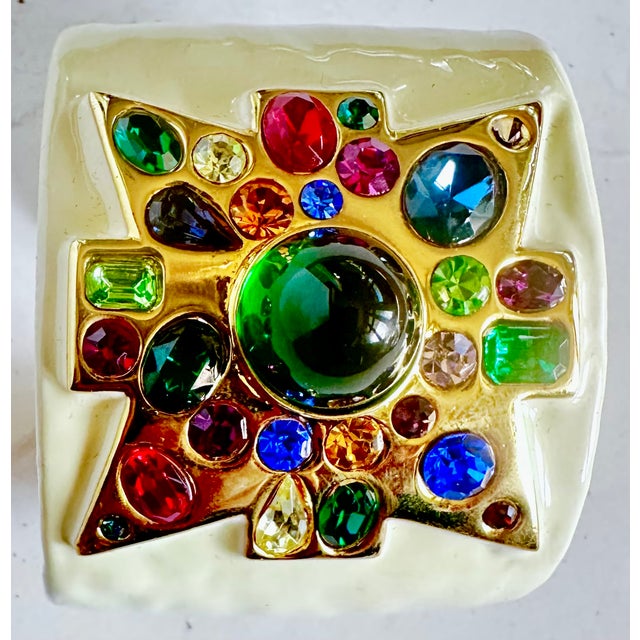 Kenneth Jay Lane 80s Kenneth Jay Lane Maltese Cross Cuff Bracelet Enamel Gripoix Glass Gold Plated KJL For Sale - Image 4 of 8