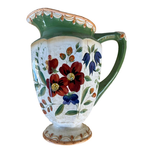 Vintage Floral Green Ceramic Beverage Pitcher For Sale