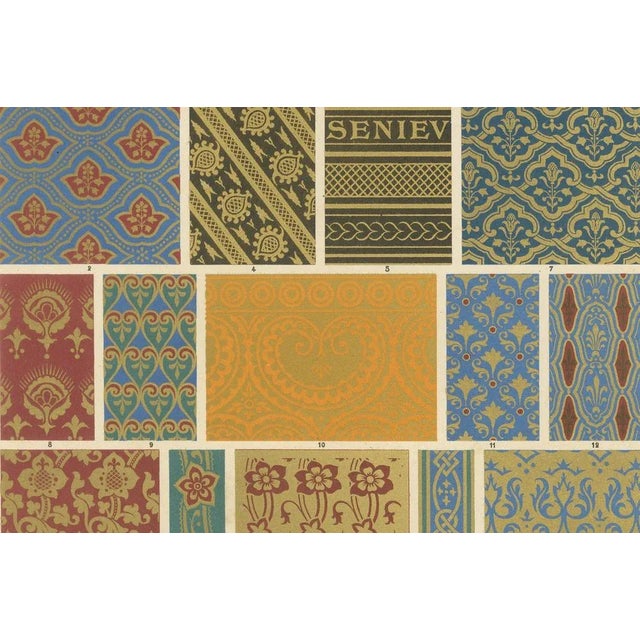 This beautifully composed chromolithograph from L'Ornement Polychrome (Plate XLVII) showcases an array of richly patterned...