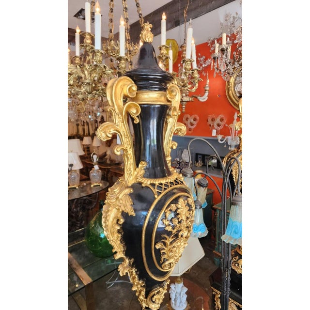 Late 19th Century Black and Gold Painted Carved Vase Statues - Set of 2 For Sale - Image 9 of 9