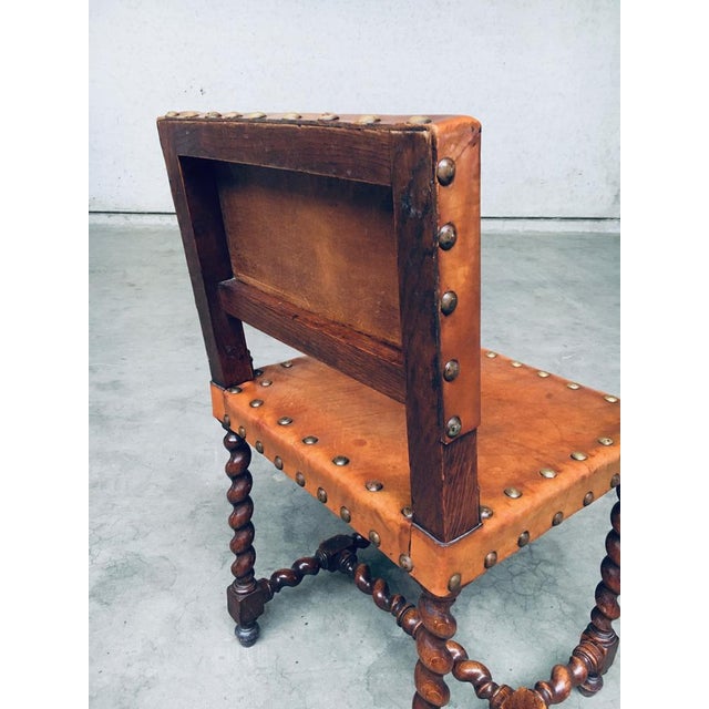 Brown English Cromwellian Style Tan Leather & Oak Side Chairs, Early 1900s, Set of 4 For Sale - Image 8 of 18