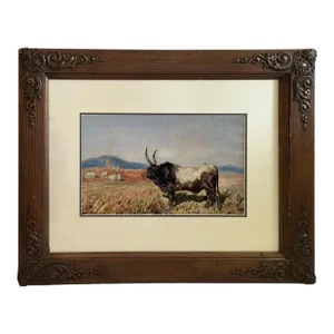 1800s Antique Longhorn Bull Painting Watercolor on Paper by Leopoldo Mariotti