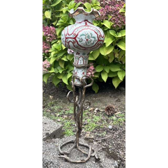 Chinese Vintage Chinese Porcelain Cloisonné Vase Bronze Stand Vines Floral Famille For Sale - Image 3 of 10