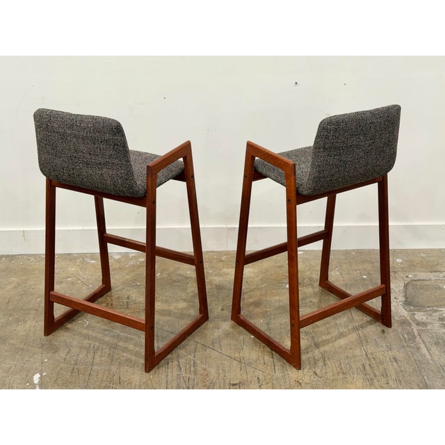 1960s 1960s Pair Danish Modern Teak Barstools - Mid Century Upholstered Bar Stools For Sale - Image 5 of 9
