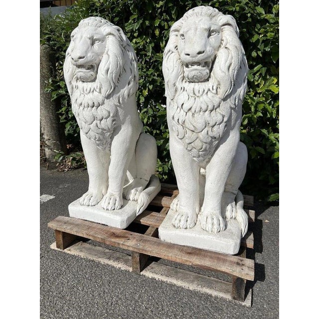 Classical Seated Lion Garden Statues in White Cast Stone, Set of 2 For Sale - Image 11 of 13