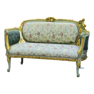 French Louis XV Romantic Sofa With Floral Damask Upholstery, Sage Green Velvet Panels, Cherubs & Hand-Gilded Gold Leaf Frame For Sale