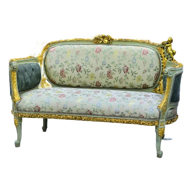 French Louis XV Romantic Sofa With Floral Damask Upholstery, Sage Green Velvet Panels, Cherubs & Hand-Gilded Gold Leaf Frame For Sale