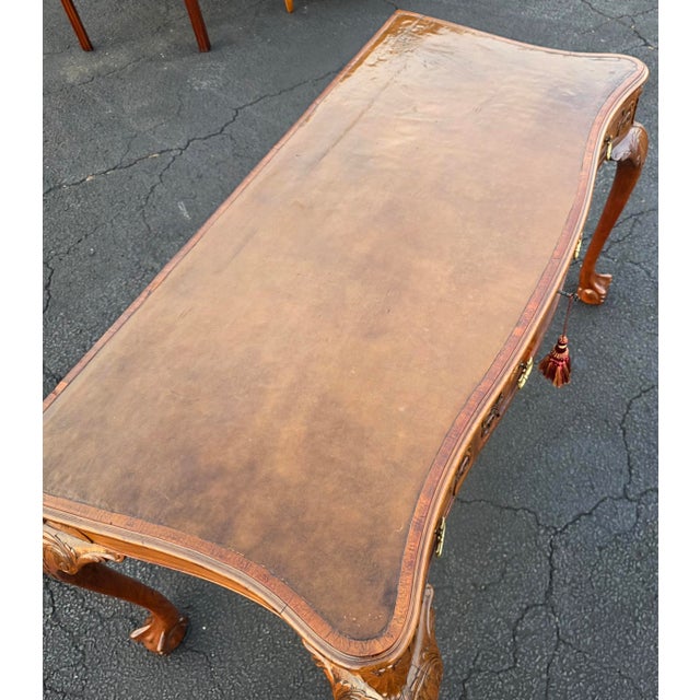 Fine American Chippendale Revival Carved Walnut Leather Top Writing Desk With Ball-and-Claw Feet, Circa 1940 For Sale - Image 11 of 13