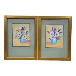 2 Mid Century Helen McRae Botanical Still Life Watercolor Paintings Vase Flowers For Sale