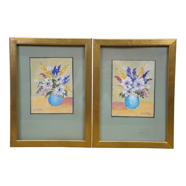 2 Mid Century Helen McRae Botanical Still Life Watercolor Paintings Vase Flowers For Sale