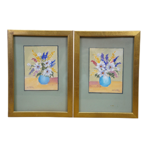 2 Mid Century Helen McRae Botanical Still Life Watercolor Paintings Vase Flowers