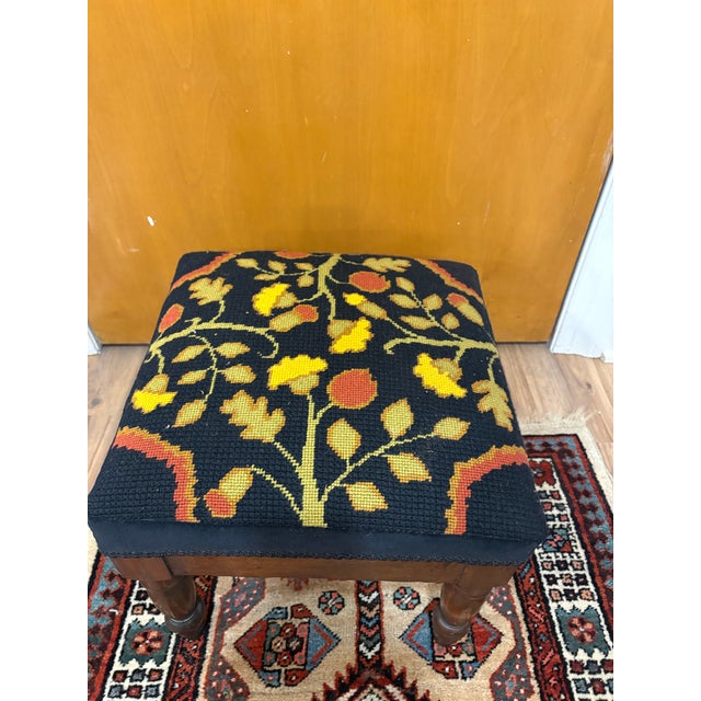Nice 19th-century stool with turned legs and recent needlepoint cover in a Willam Morris pattern. Springs and webbing nice...