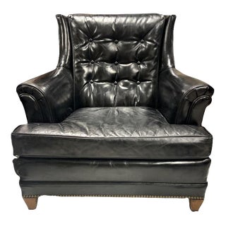 Drexel Heritage Black Leather Tufted Club Chair With Nail Head Trim - Mid 20th Century For Sale