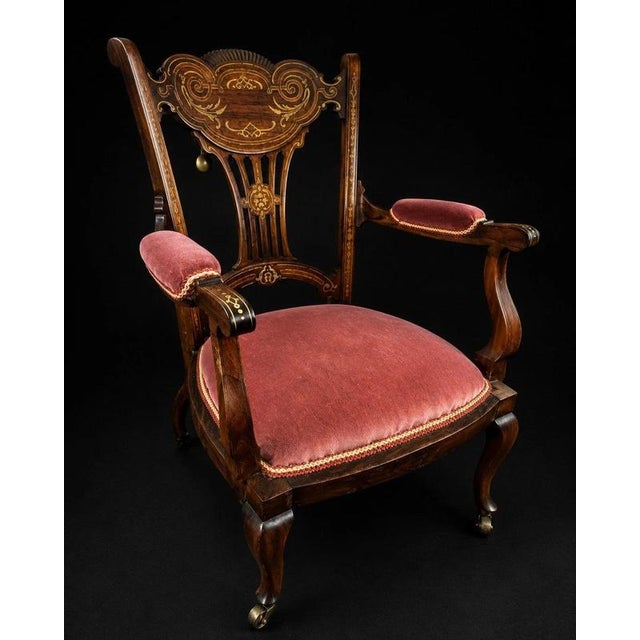 Edwardian Mahogany & Satinwood Inlaid Armchair with Castors, 1905 For Sale - Image 3 of 9