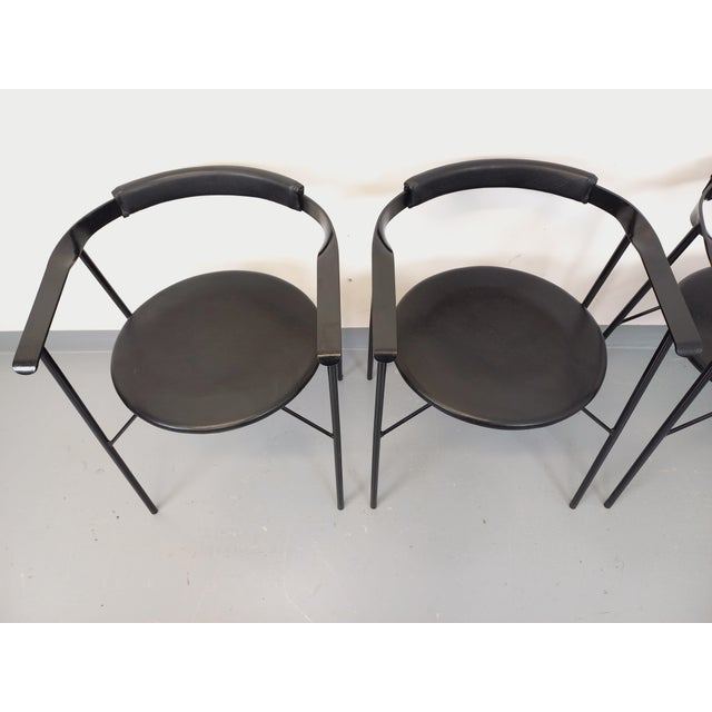 Vintage Italian Armchairs in Black Metal and Black Imitation Leather, 1980s, Set of 4 For Sale - Image 4 of 18