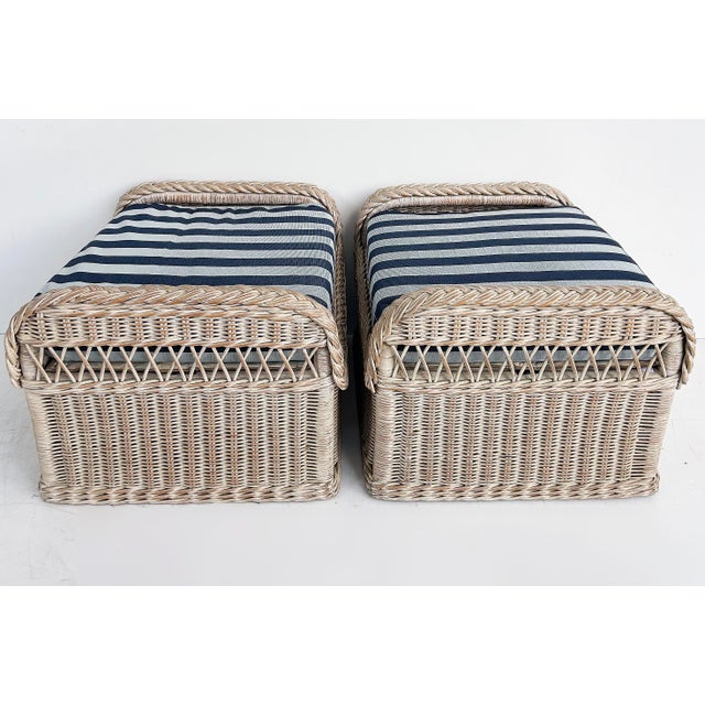 1970s Henry Link Rattan Lounge Chairs, Ottomans, New Sunbrella Upholstery, 2 Pairs For Sale In Miami - Image 6 of 18