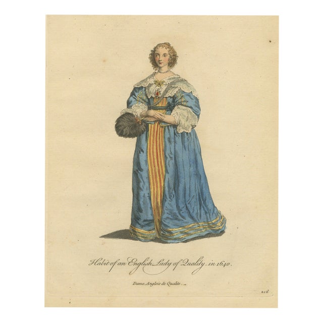 Jefferys, English Lady of Quality in 1640 with Feather Fan, 1757, Engraving For Sale