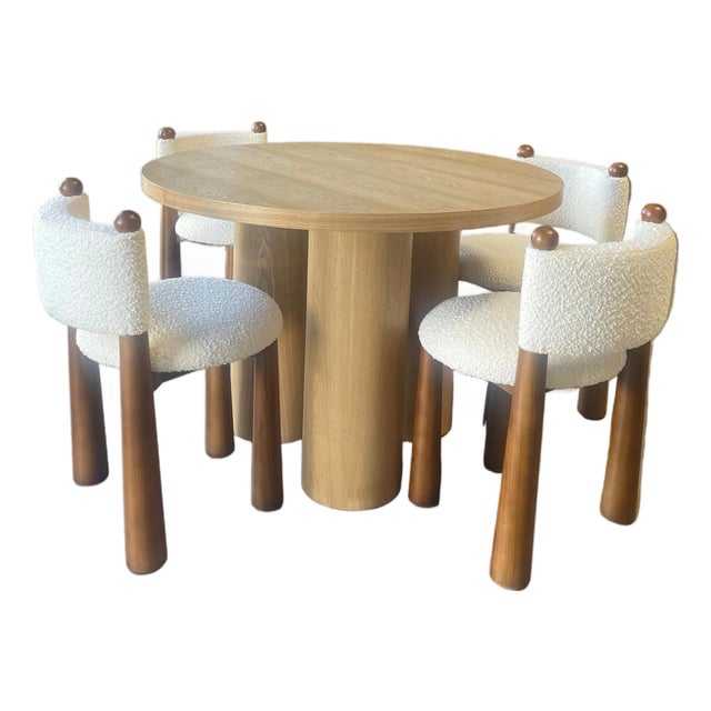 Balmain 42"w Round Small Dining Table Set With 4 White Boucle Chairs-Game Room Set For Sale