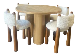 Balmain 42"w Round Small Dining Table Set With 4 White Boucle Chairs-Game Room Set