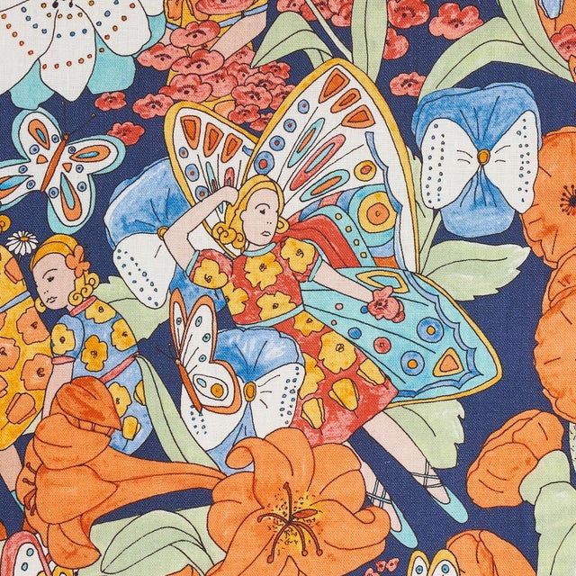 Folk Art Sample - Schumacher X Clements Ribeiro Fairie Garden Fabric in Orange & Navy For Sale - Image 3 of 4