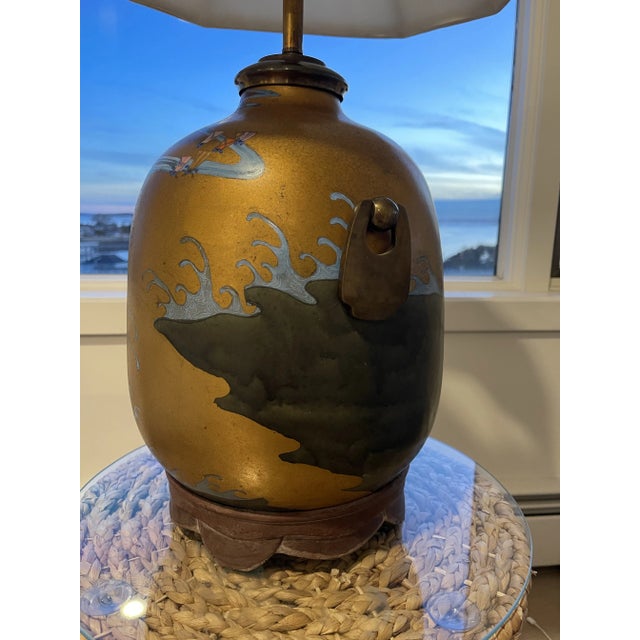 Early 20th Century Brass Reverse Painted Asian Sail Junk Ship Boat Wave Theme Lamp For Sale - Image 4 of 12