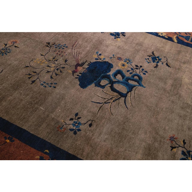 Tan Art Deco Handmade Floral Chinese Motif Wool Rug For Sale - Image 8 of 10
