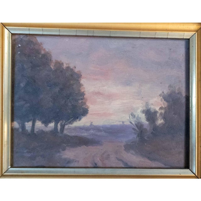 We are selling this great little simple Tonalist sunset or sunrise landscape. This landscape is executed in oil on academy...
