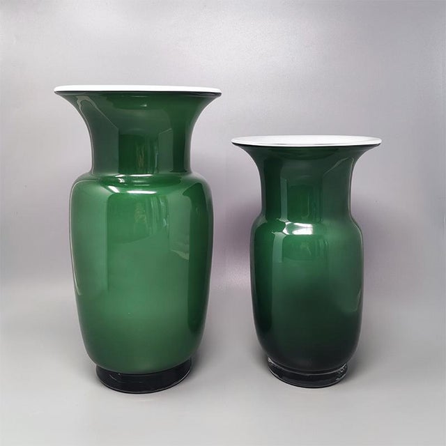 Pair of 1970s Green Vases in Murano Glass by Carlo Nason, Made in Italy
