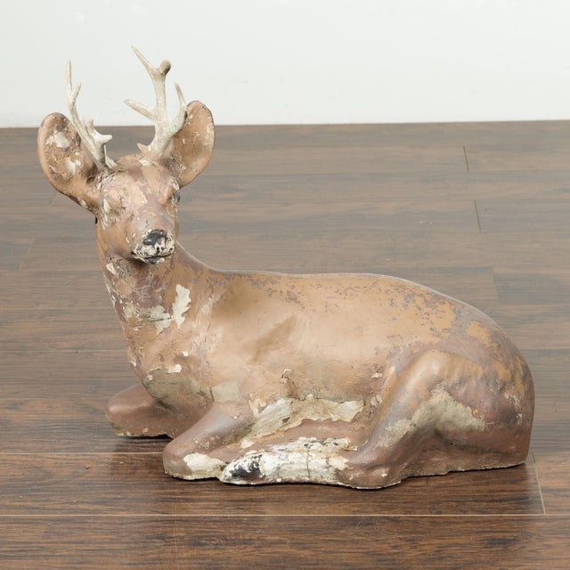 American American 1950s Concrete Reclining Deer with Antlers and Weathered Appearance For Sale - Image 3 of 9