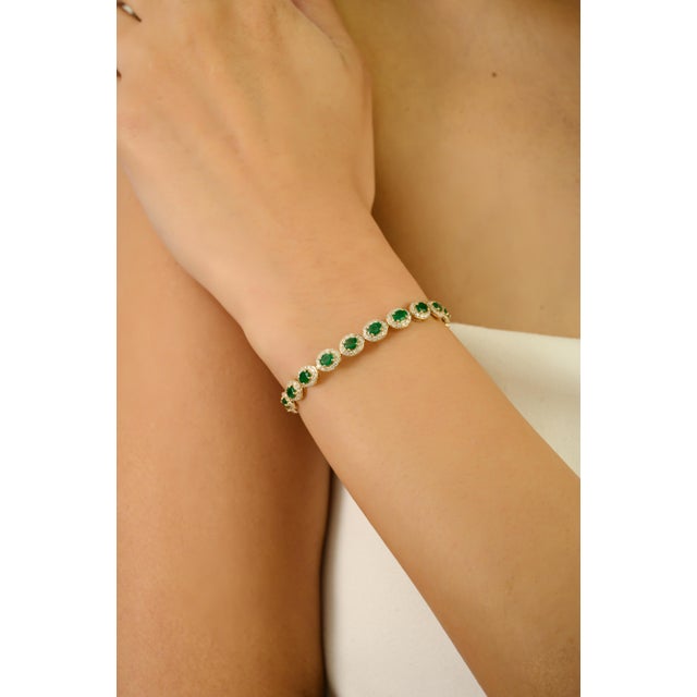Army Green 3.24ct Natural Zambian Emerald & 1.83ct Diamond Halo Tennis Bracelet in 14k Gold For Sale - Image 8 of 14