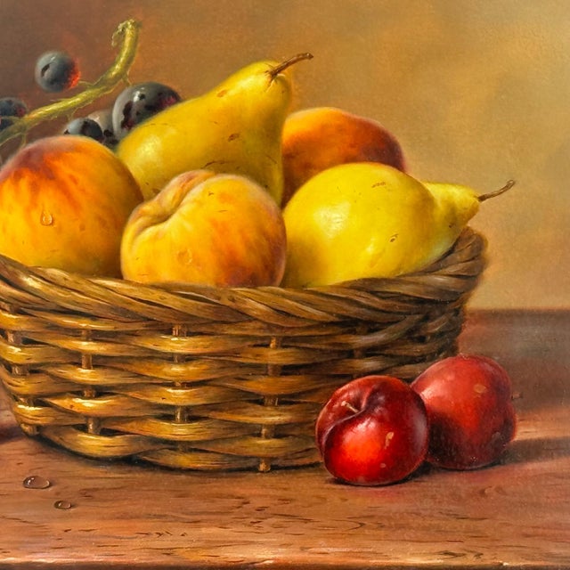 Still Life with Fruit in Basket - Vintage Oil in Ornate Frame by British Artist 1987 For Sale - Image 12 of 12