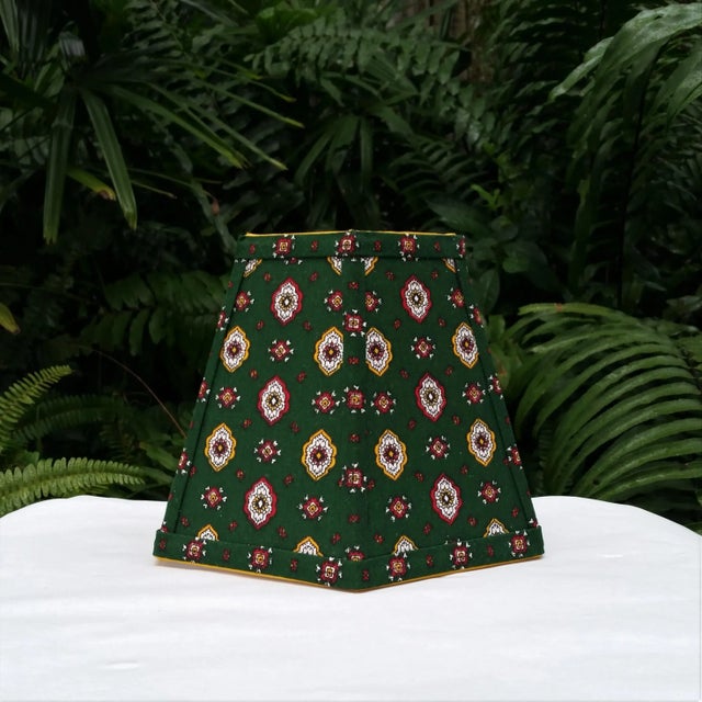 Fabric and Trim Hunter green foulard french country cotton fabric. Red and golden yellow accents. Top and bottom wiring is...