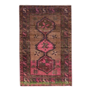 1960s Vintage Distressed Handmade Brown Geometric Wool Rug For Sale