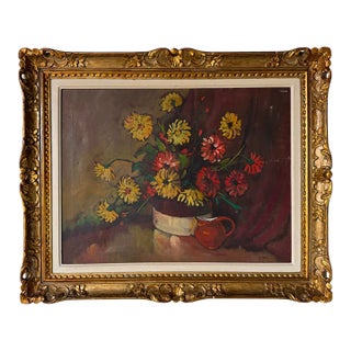 1960s Vintage Tian Impressionist Floral Still Life Oil on Canvas Painting – Ornate Gold Wood Frame For Sale