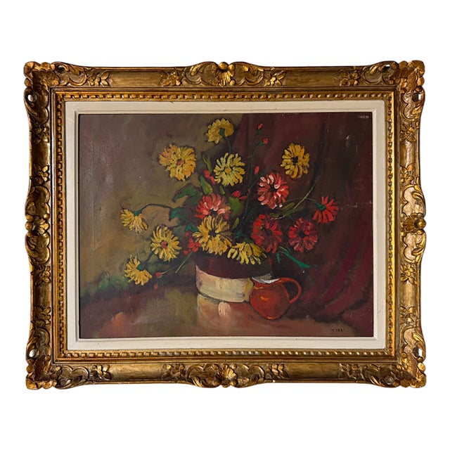1960s Vintage Tian Impressionist Floral Still Life Oil on Canvas Painting – Ornate Gold Wood Frame For Sale