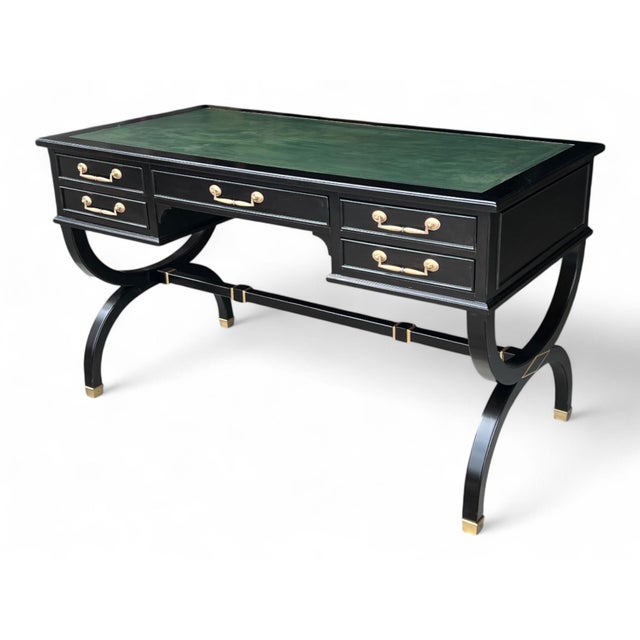 English Vintage Hollywood Regency Style Ebonized Desk With Green Leather Top and Brass Details For Sale - Image 3 of 15