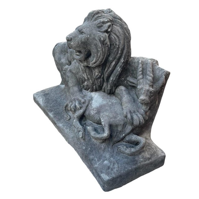 English Vintage Cast Stone Sculpture of a Lion Attacking an Antelope For Sale - Image 3 of 11