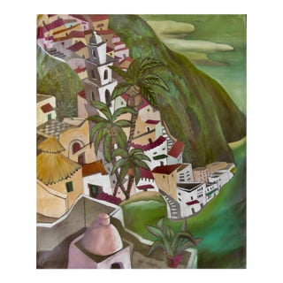 Marc Zimmerman "Climbing Village" Oil Painting, Cliffside Town, Palm Trees, Cubist Architecture, Vivid Green, Contemporary Art West Coast For Sale