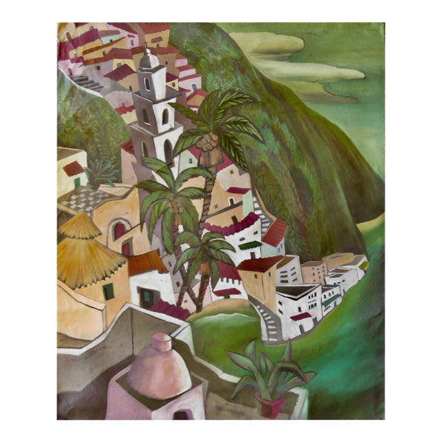 Marc Zimmerman "Climbing Village" Oil Painting, Cliffside Town, Palm Trees, Cubist Architecture, Vivid Green, Contemporary Art West Coast For Sale