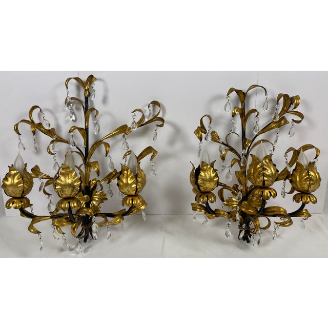Large Pair French Gold & Rock Crystal Flower Sconces For Sale - Image 13 of 14