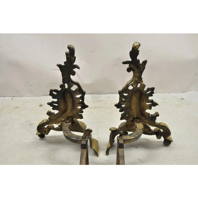 Antique French Rococo Baroque Style Brass Leafy Acanthus Andirons - A Pair For Sale - Image 9 of 11